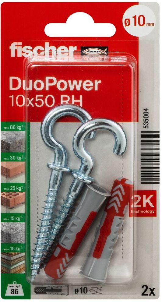 Дюбель 10х50 с круглым крюком RH Fischer DUOPOWER K NV 535004, нейлон, 2 штуки в блистере - фото