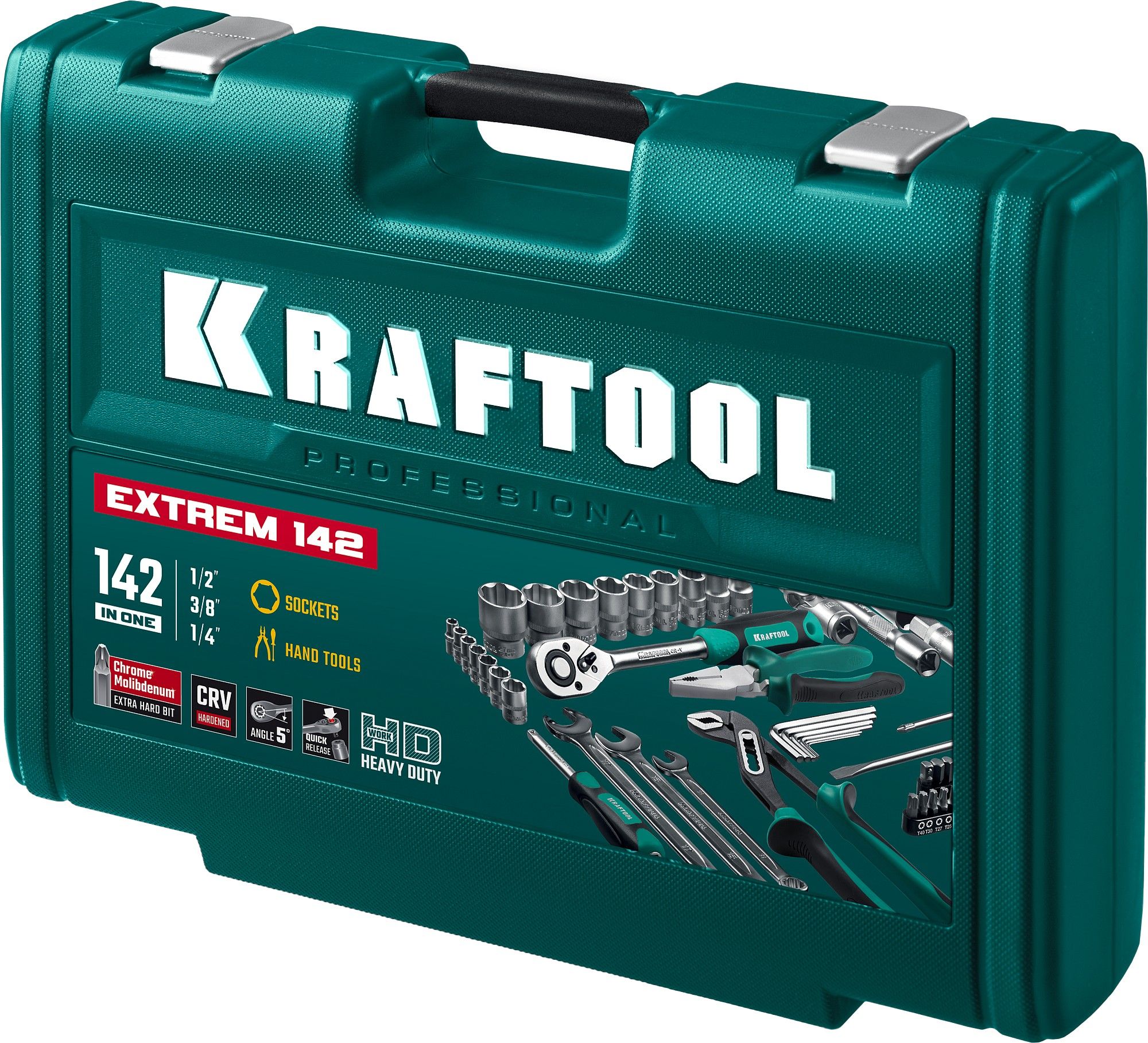 Набор инструмента универсальный 1/2"+3/8"+1/4" Kraftool Extrem-142 27889-H142, 142 предмета - фото