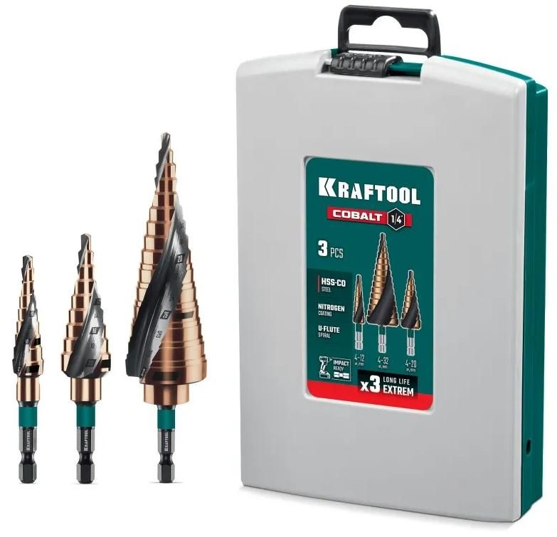 Набор сверл ступенчатых 4-32 мм, спиральная канавка M35 Cobalt Kraftool 29691-4-32-H3, 3 шт - фото