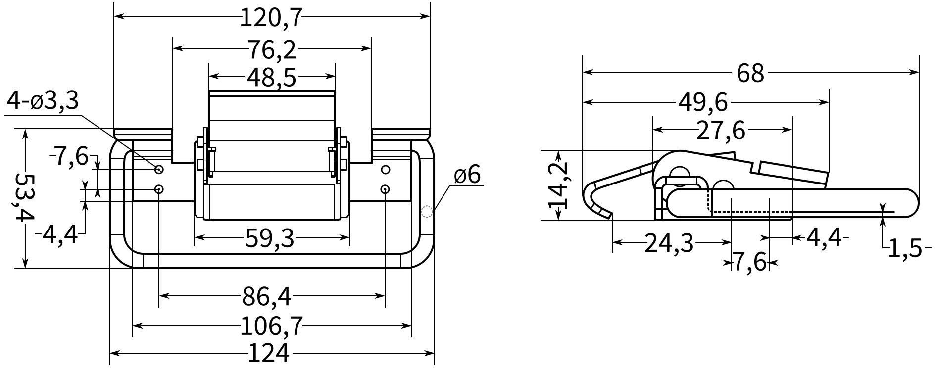 Откидная ручка для ящика с защелкой 124 мм B246C, нержавеющая сталь А2, 50 шт - фото