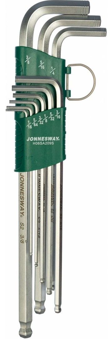 Набор шестигранных дюймовых ключей (1/16"-3/8") EXTRA LONG с шаром Jonnesway H06SA209S, 9 штук - фото