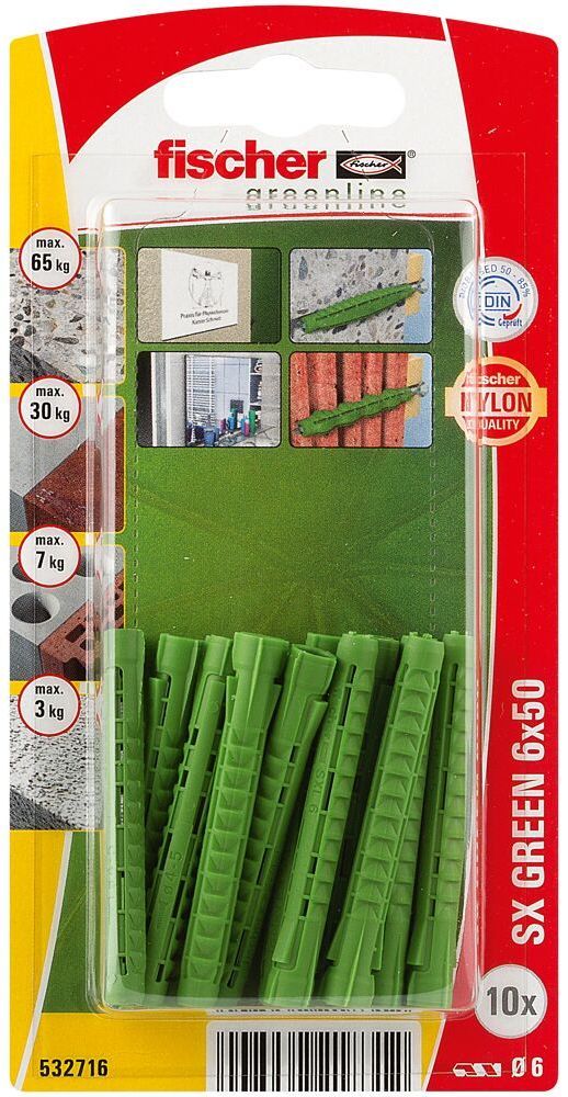 Дюбель SX Green 6x50 Fischer 532716 с увеличенной глубиной анкеровки, зелёный нейлон, 10 шт в блистере - фото