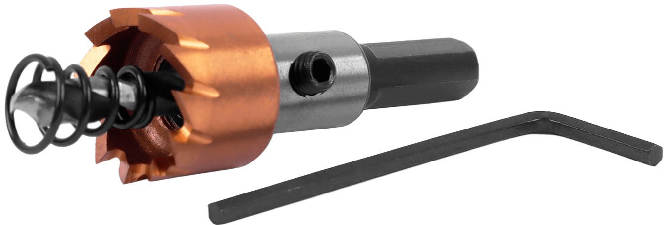 Коронка по металлу с центрирующим сверлом и толкающей пружиной, ц/х Messer, HSS-TiN - фото