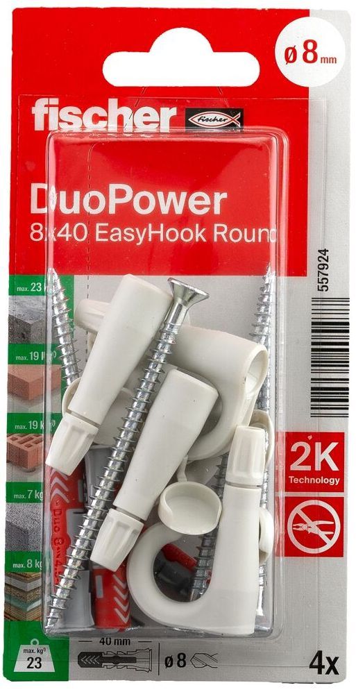 Дюбель 8х40 c винтом и круглым крюком EasyHook Fischer DUOPOWER 557924, нейлон, 4 шт в блистере - фото