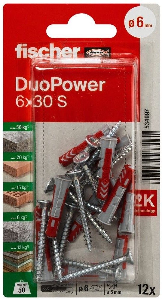 Дюбель 6х30 с шурупом S Fischer DUOPOWER K NV 534997, нейлон, 12 шт в блистере - фото