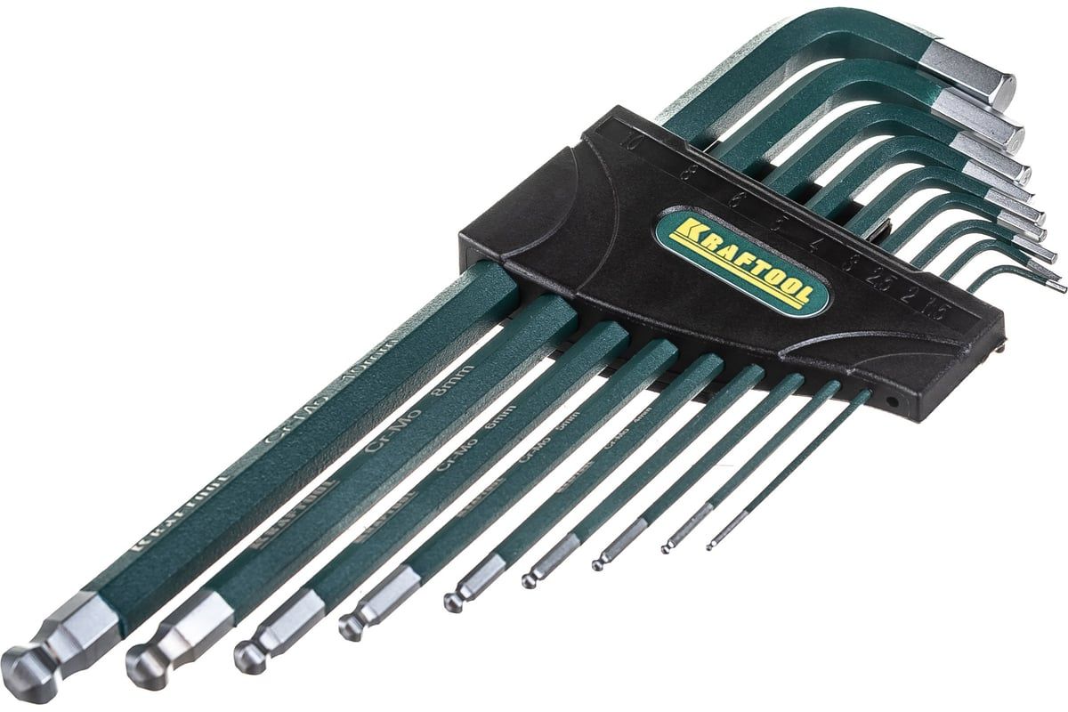 Набор ключей имбусовых удлиненных с шаром  Hex Kraftool Industrie 27445-H9, 9 шт, хромомолибденовая сталь - фото