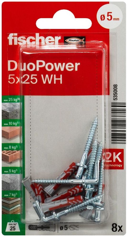 Дюбель 5х25 с угловым крюком WH Fischer DUOPOWER K NV 535008, нейлон, 8 штук в блистере - фото