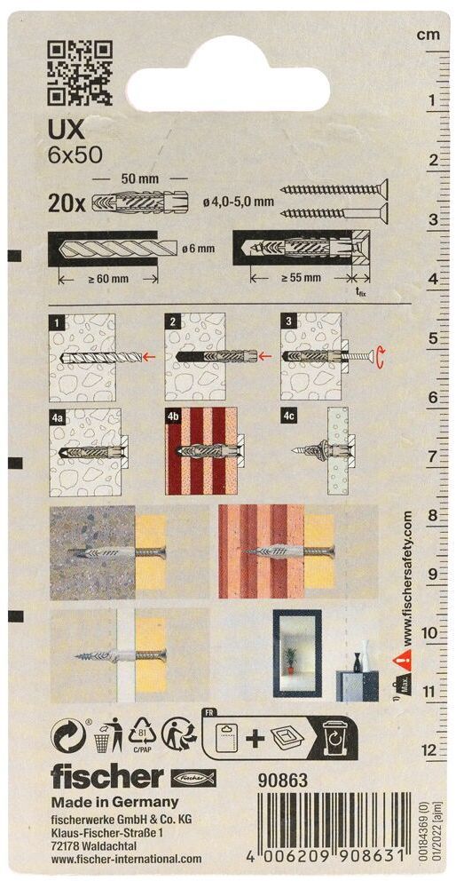 Универсальный дюбель UX 6х50 Fischer 090863, нейлон, 20 шт в блистере - фото