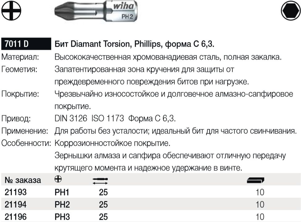 Бита ударная крестовая PH3 длина 25 мм, C1/4" Wiha Diamant Torsion 21196, сталь Cr-V - фото