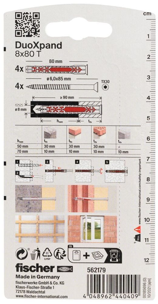 Дюбель фасадный DuoXpand 8x80 T Fischer 562179, с потайным шурупом, оцинкованная сталь, 4 шт в блистере - фото