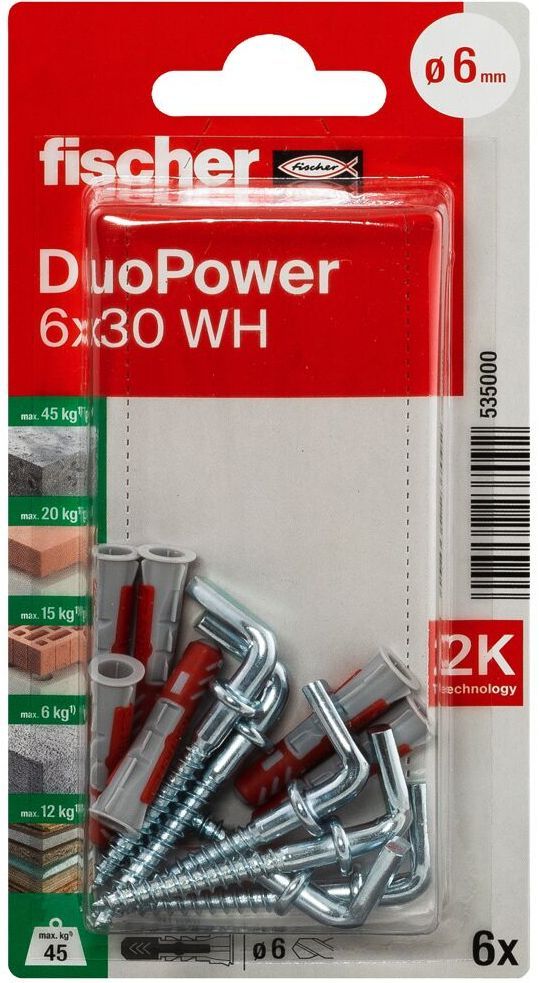 Дюбель 6х30 с угловым крюком WH Fischer DUOPOWER K NV 535000, нейлон, 6 штук в блистере - фото