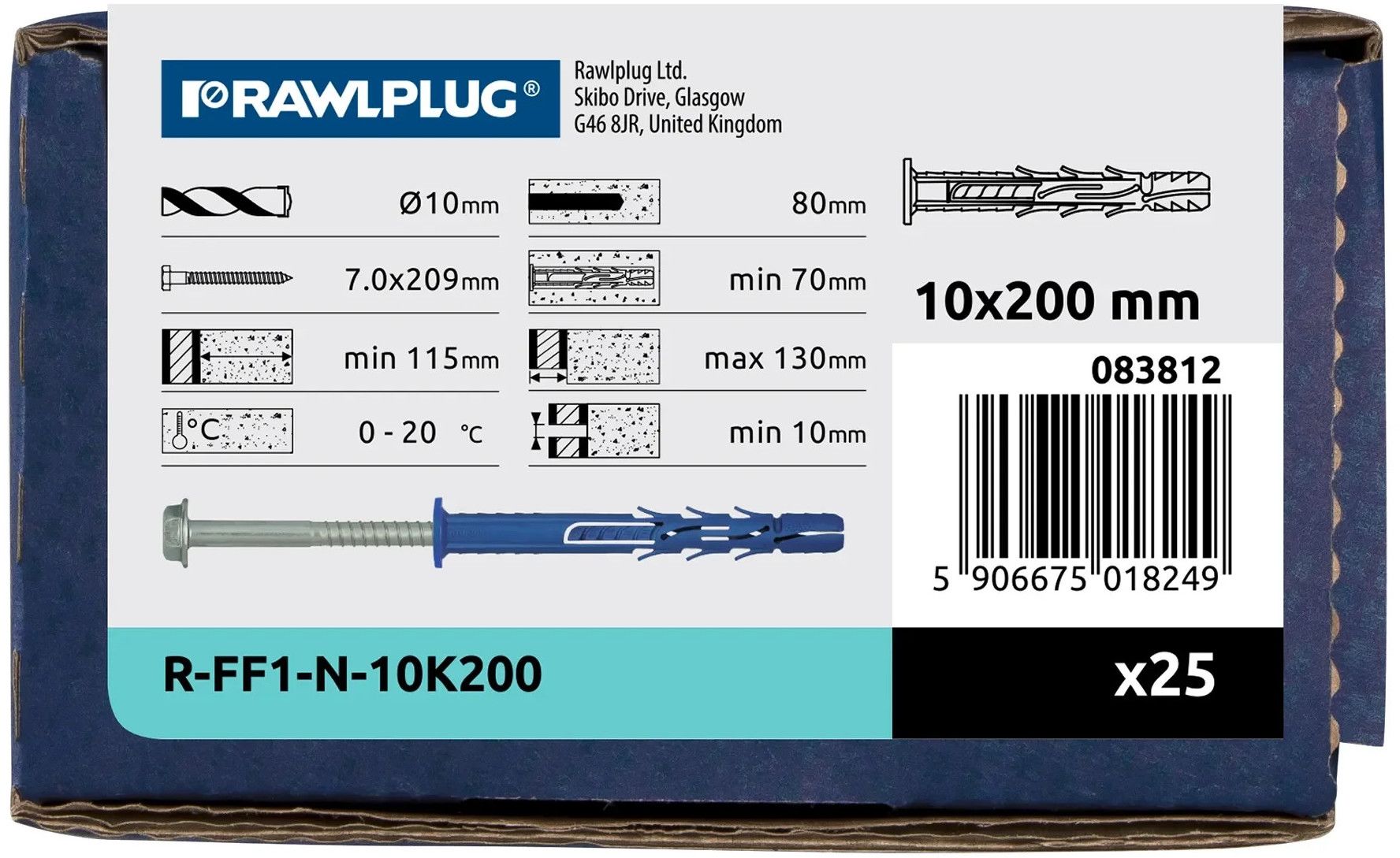 Дюбель фасадный с шурупом с шестигранной головкой 10х200 мм Rawlplug R-FF1-N-10K200, оцинкованная сталь - фото