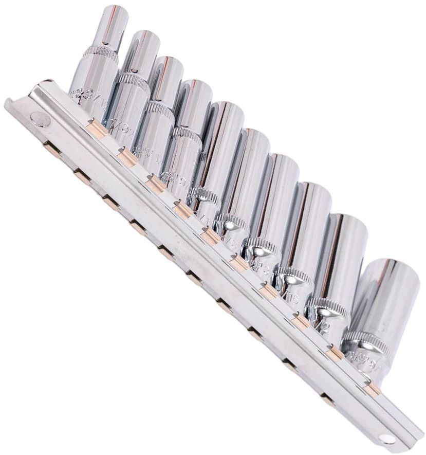 Набор глубоких торцевых головок DR 1/4" 12-тигранных Ombra 910710, 10 предметов на держателе - фото