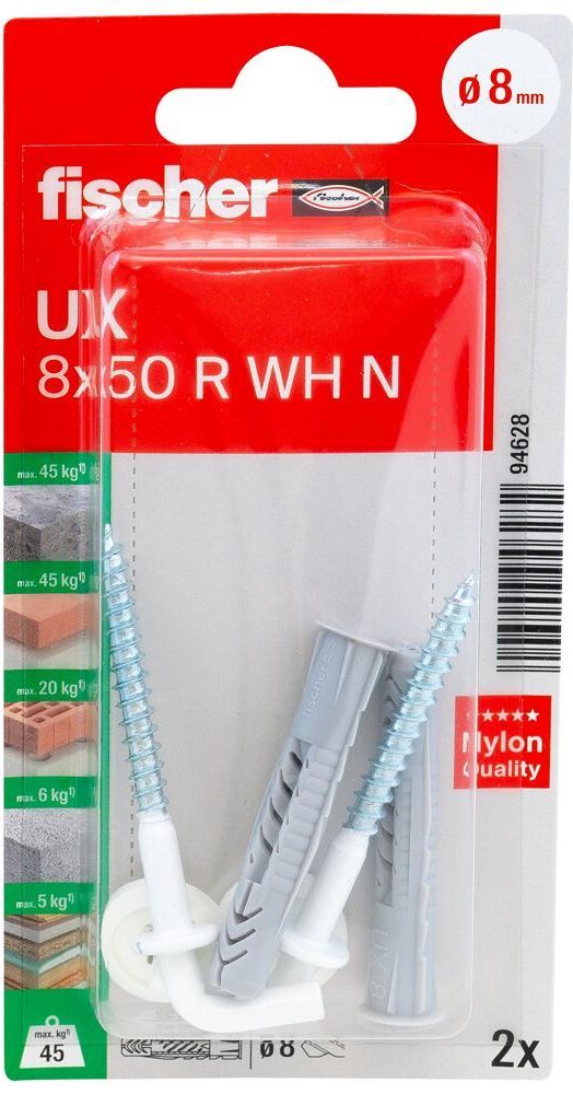 Дюбель UX 8х50 R с кромкой и саморезом с белым костылём WH N K NV Fischer 94628, нейлон, 2 шт в блистере - фото