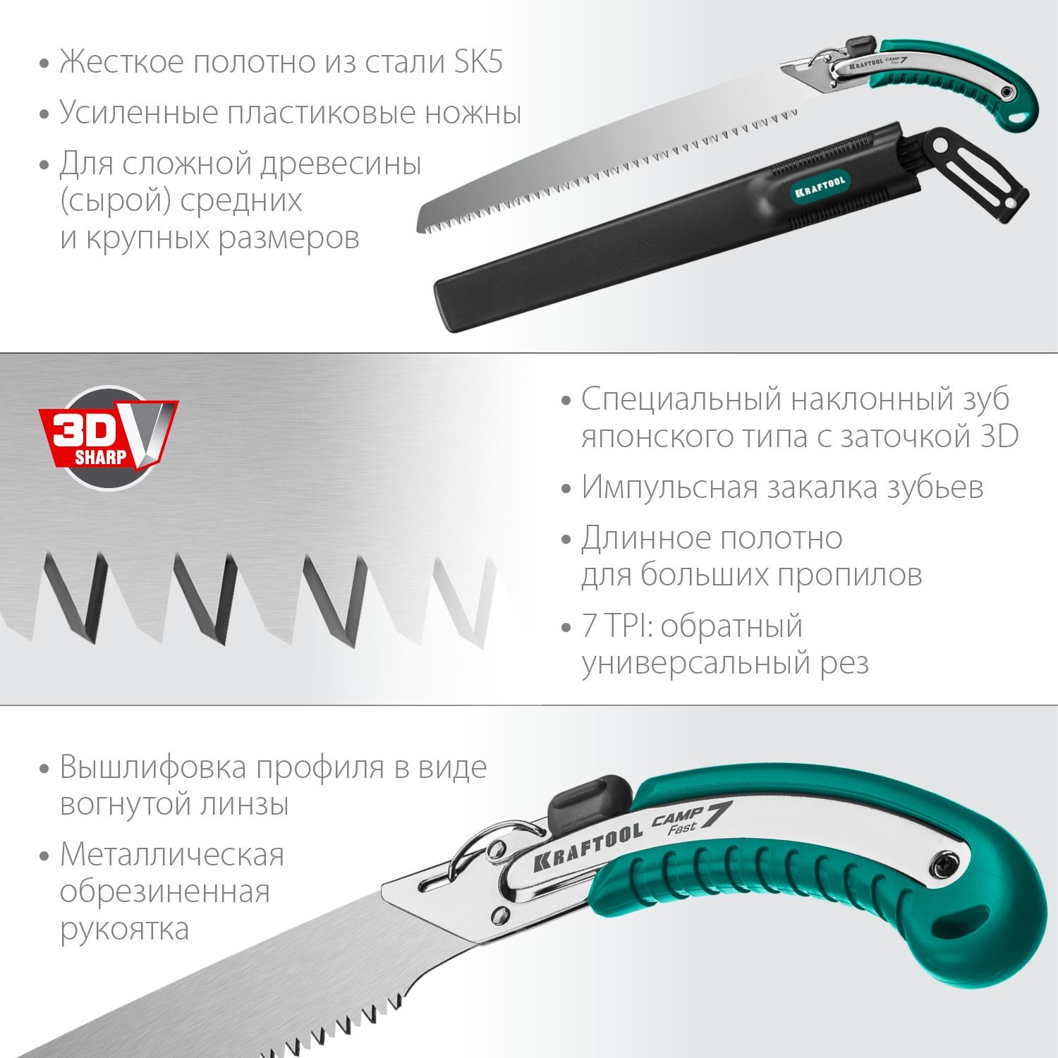 Ножовка походная для быстрого реза сырой древесины 350 мм, CAMP Fast 7 Kraftool, 15216 - фото