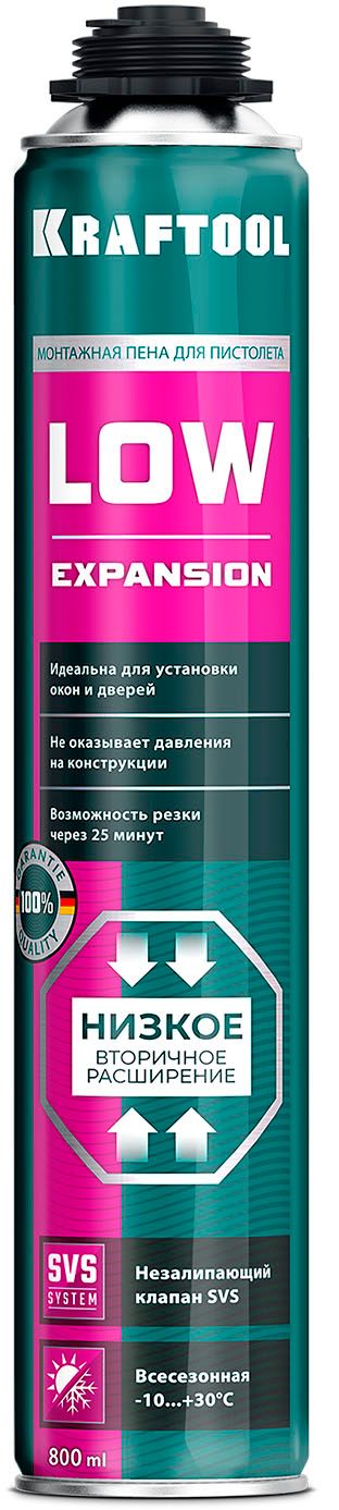 Изображение товара Пена монтажная пистолетная всесезонная, SVS, выход до 50 л, LOW EXPANSION Kraftool, 800 мл