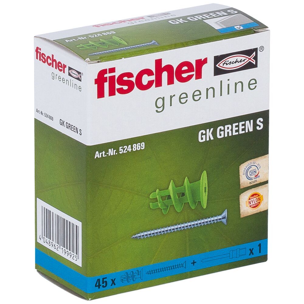 Дюбель для гипсокартона с потайным шурупом GK Green S Fischer 524869, зелёный нейлон - фото