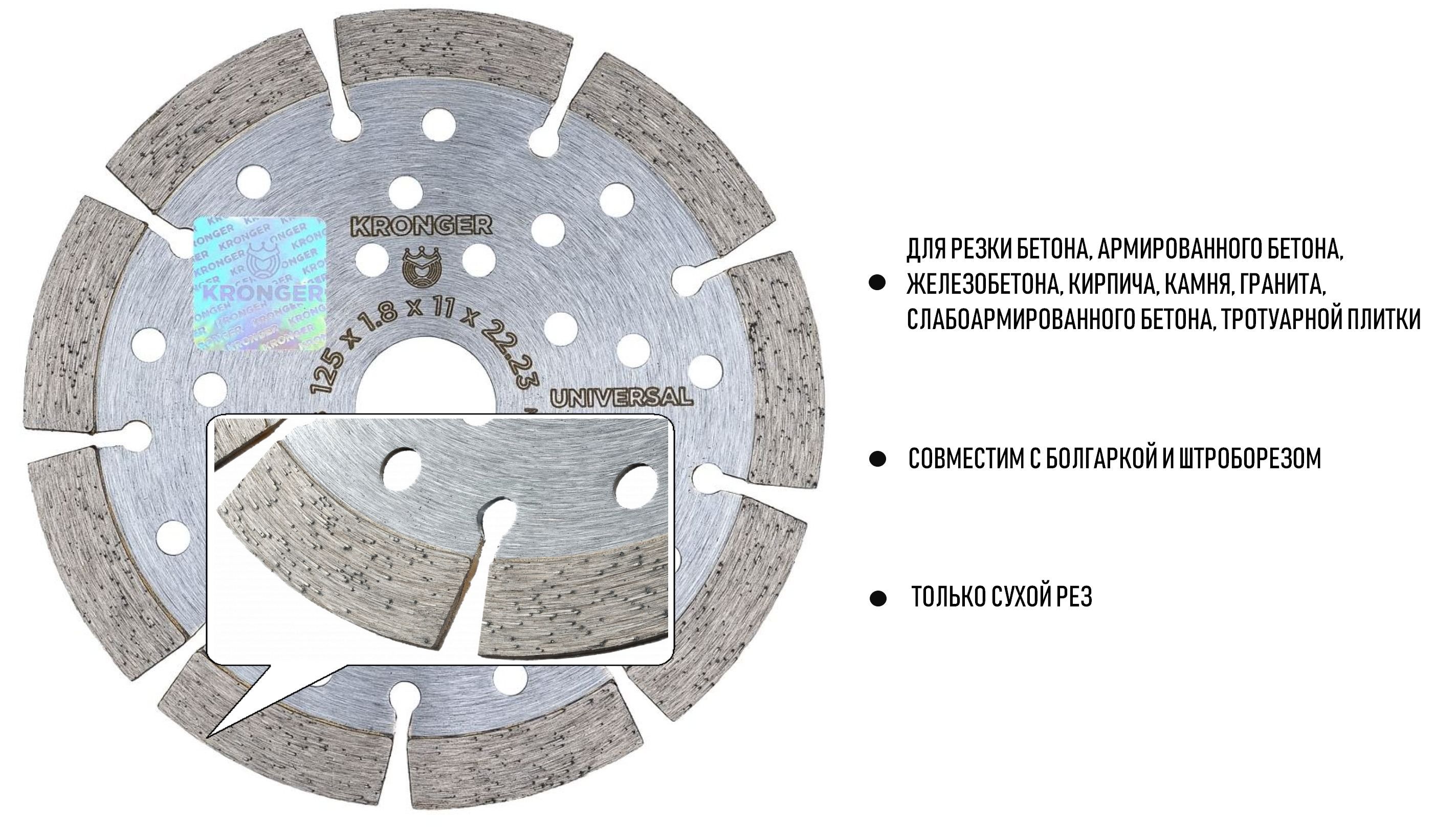 Диск алмазный по железобетону 125х1,8х11х22,23 Universal Kronger U200125 - фото