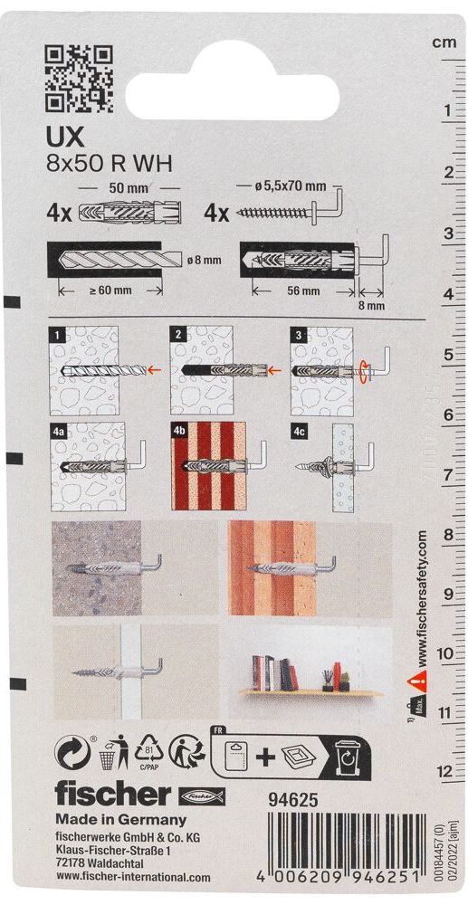 Дюбель UX 8х50 R с кромкой и саморезом с костылём WH K NV Fischer 94625, нейлон, 4 шт в блистере - фото