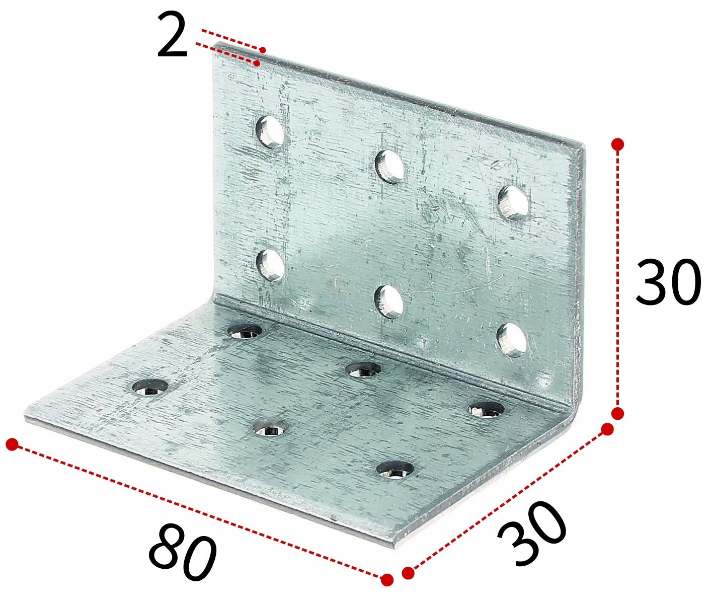 Уголок крепежный равносторонний 30х80х2 мм KUR, оцинкованная сталь - фото