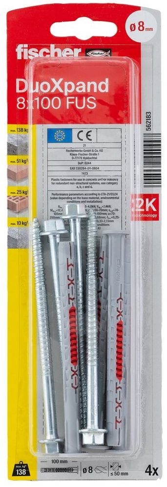 Дюбель фасадный DUOXpand 8x100 FUS Fischer 562183 с шестигранным шурупом и фланцем, оцинкованная сталь, 4 шт в блистере - фото