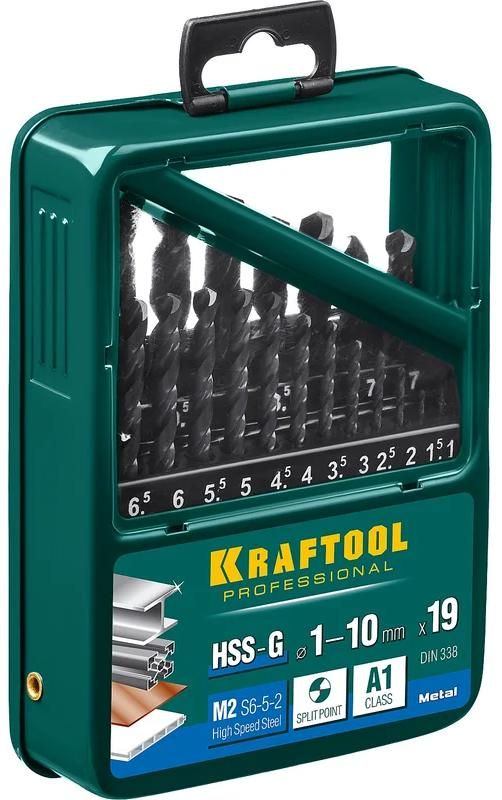 Изображение товара Набор сверл по металлу Kraftool 29651-H19 19 шт диаметром 1-10 мм HSS-G с азотированием