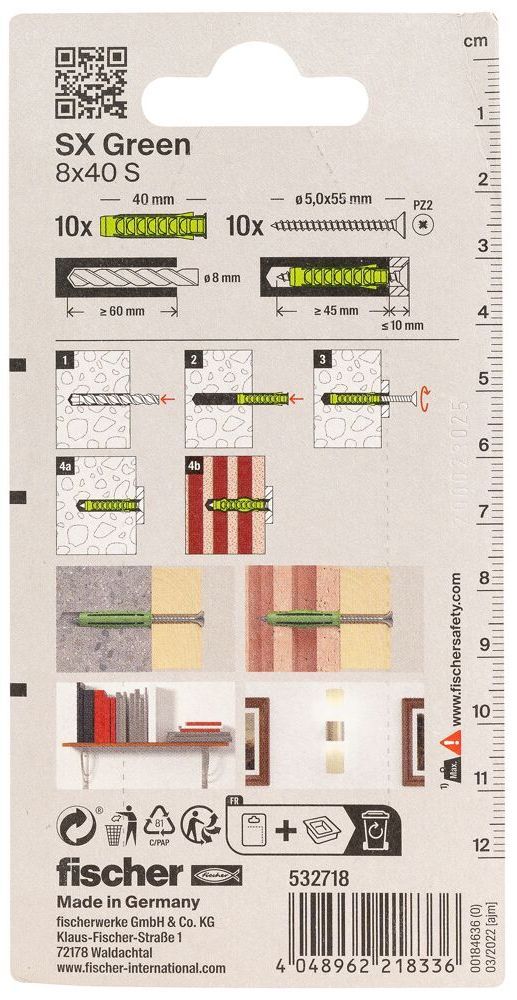 Дюбель SX Green 8x40 S Fischer 532718 с кромкой и потайным шурупом, зелёный нейлон, 10 шт в блистере - фото