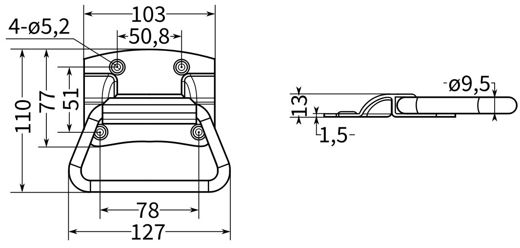 Откидная ручка для ящика 103 мм, M16, цинк - фото