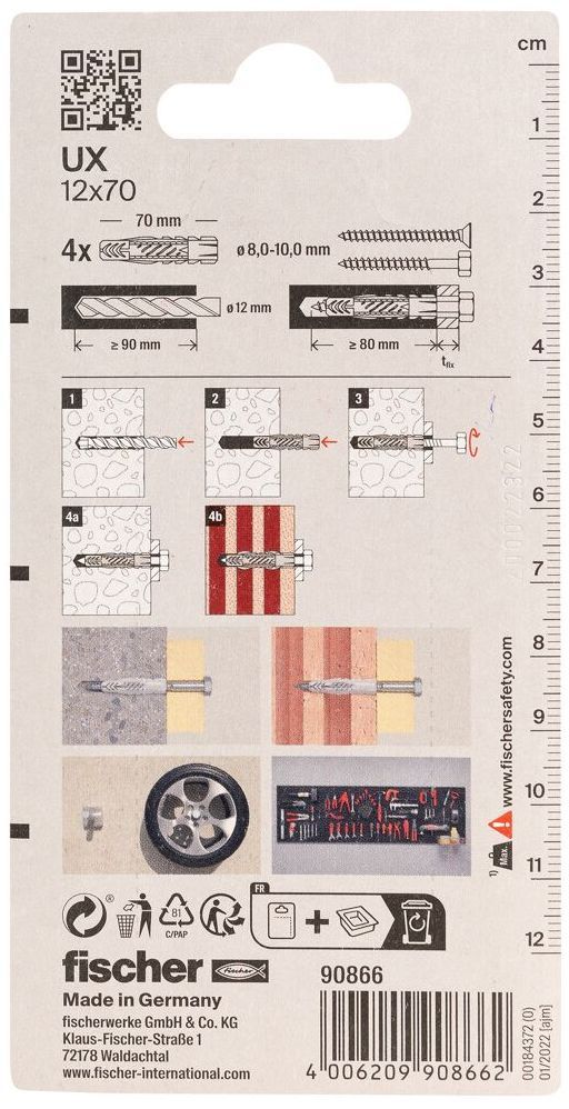 Универсальный дюбель UХ 12х70 Fischer 090866, нейлон, 4 шт в блистере - фото