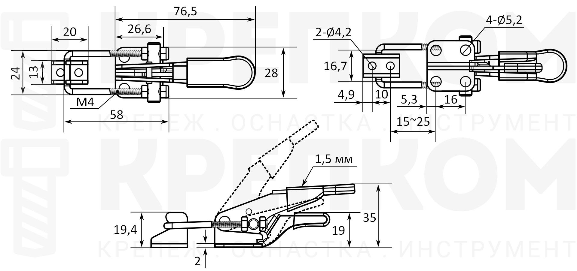 Замок регулируемый натяжной (бугельный) L=15-25 мм, нагрузка 102 кг, 51234C, нержавеющая сталь А2, 50 шт - фото