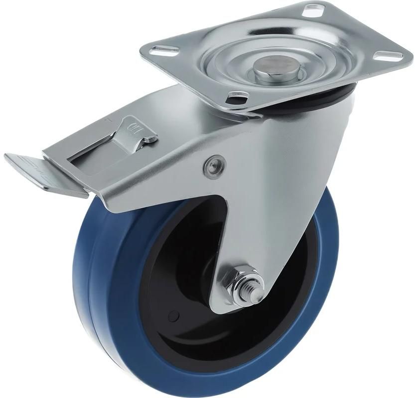 Колесо из синей резины с площадкой и тормозом, поворотное 125 мм SCLB 55 - фото