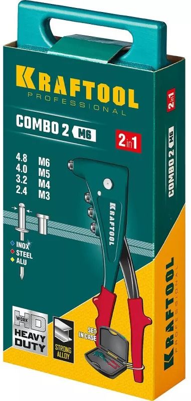 Заклепочник Combo2-M6 на 2 вида заклёпок с оснасткой М3 - М6 и 2,4 - 4,8 мм Kraftool 31180, в кейсе - фото