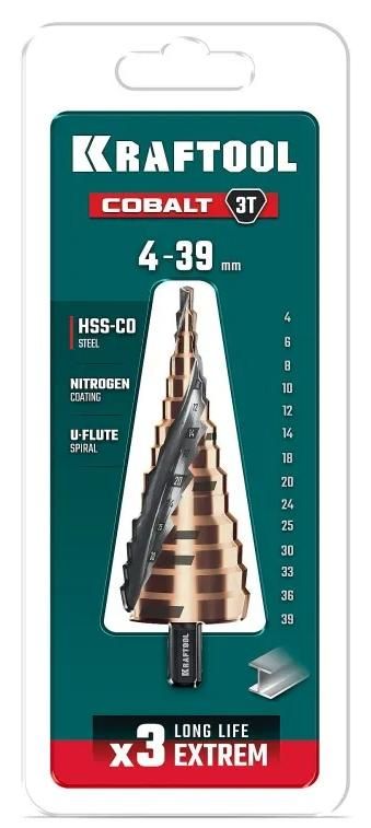 Сверло ступенчатое 4-39 мм, хвостовик 10 мм M35 Cobalt Kraftool 29691-4-39-14, 14 ступеней - фото