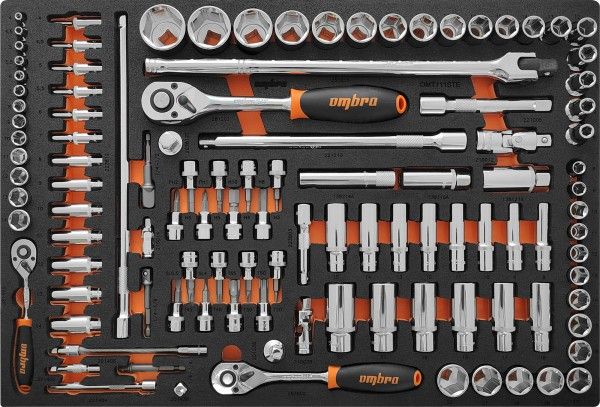 Набор головок торцевых 1/4"DR (4-14 мм), 3/8"DR (8-22 мм), 1/2"DR (8-32 мм) с аксессуарами в EVA ложементе Ombra OMT111STE, 111 шт  - фото