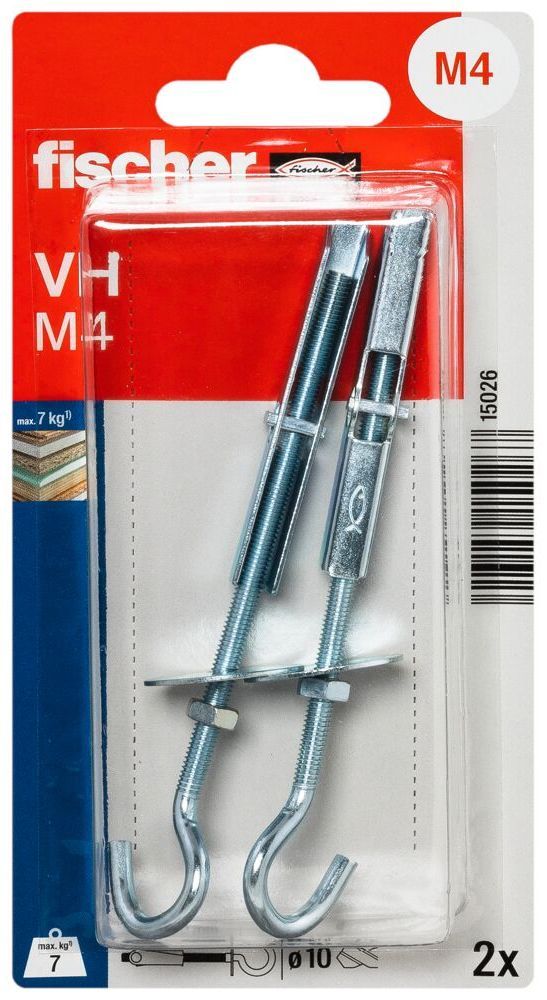 Дюбель самоустанавливающийся для листовых материалов VH M4 Fischer 015026, с круглым крюком, оцинкованная сталь, 2 шт в блистере - фото