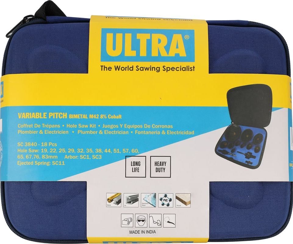 Набор коронок Bi-metall 19 - 83 мм зубья HSSE-Co8 4 - 6 TPI Ultra SC 3840, 18 предметов - фото