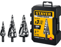 Изображение товара Набор ступенчатых сверл 4-38 мм с трёхопорным хвостовиком Pro-Max Stayer 29661-4-38-H3, 3 шт