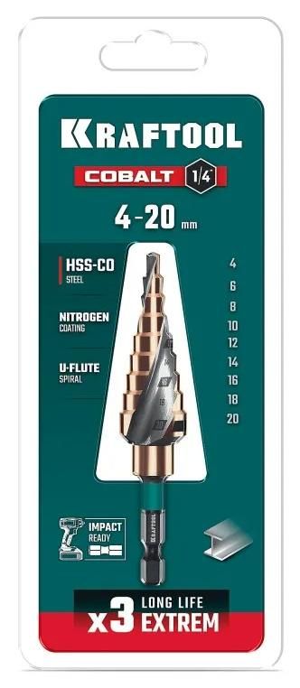 Сверло ступенчатое 4-20 мм, хвостовик HEX 1/4" M35 Cobalt Kraftool 29691-4-20-9, 9 ступеней - фото
