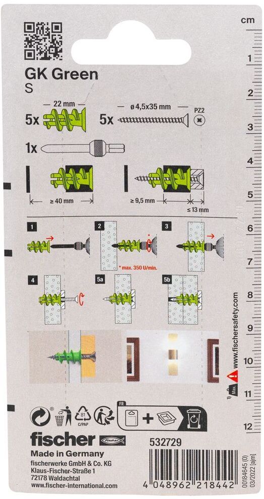 Дюбель для гипсокартона с потайным шурупом GK Green S Fischer 532729, зелёный нейлон, 5 шт в блистере - фото