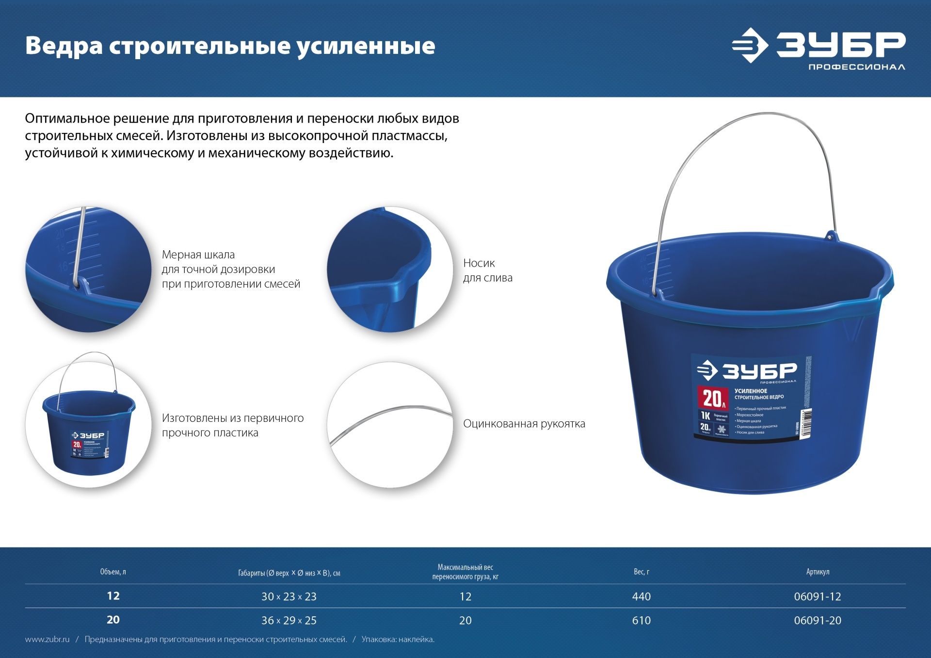 Ведро усиленное строительное с носиком 12 л Профессионал ЗУБР 06091-12 - фото