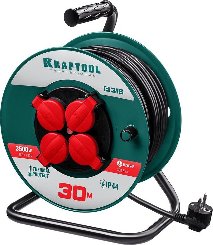 Изображение товара Удлинитель силовой на катушке Kraftool 30 м 3500 Вт IP44