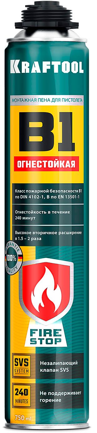 Изображение товара Пена монтажная пистолетная огнестойкая 240°С, выход до 45 л, FIRE STOP B1 Kraftool, 750 мл