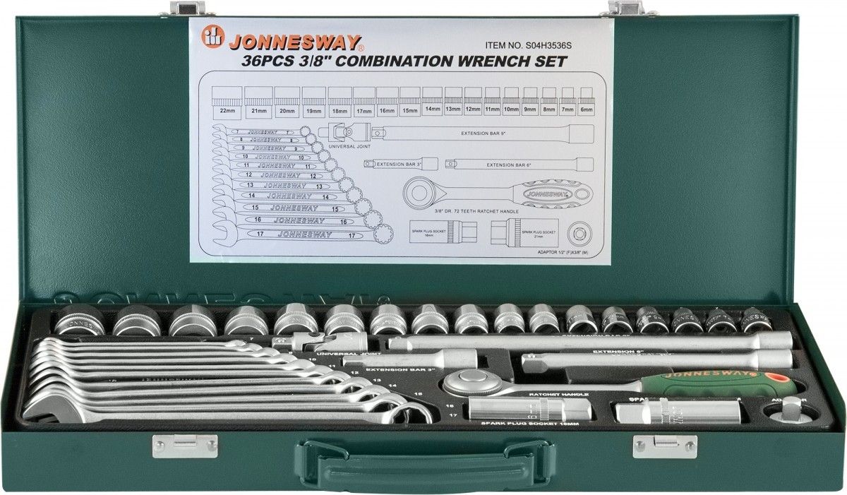 Набор торцевых головок 3/8"DR с аксессуарами Jonnesway S04H3536S, 36 штук - фото