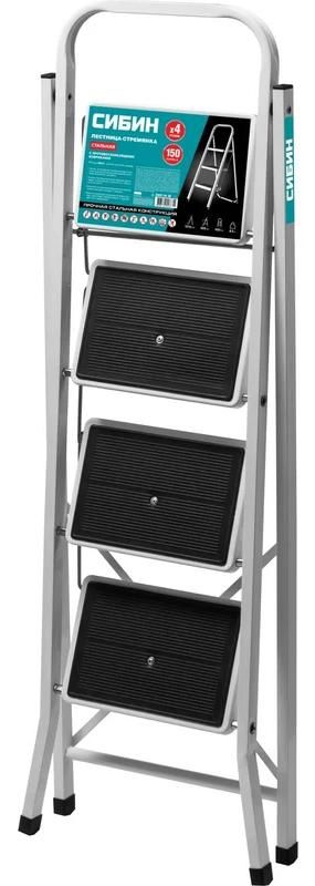Стремянка 4 ступени, 92 см, c широкими обрезиненными ступенями СИБИН 38807-04_z02, сталь - фото