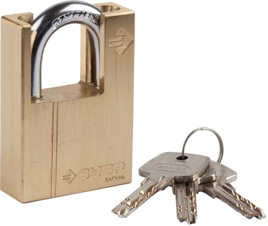 Замок навесной латунный с защищённой дужкой 60 мм с перфорированным ключом ЗУБР Эксперт 37297-60 - фото