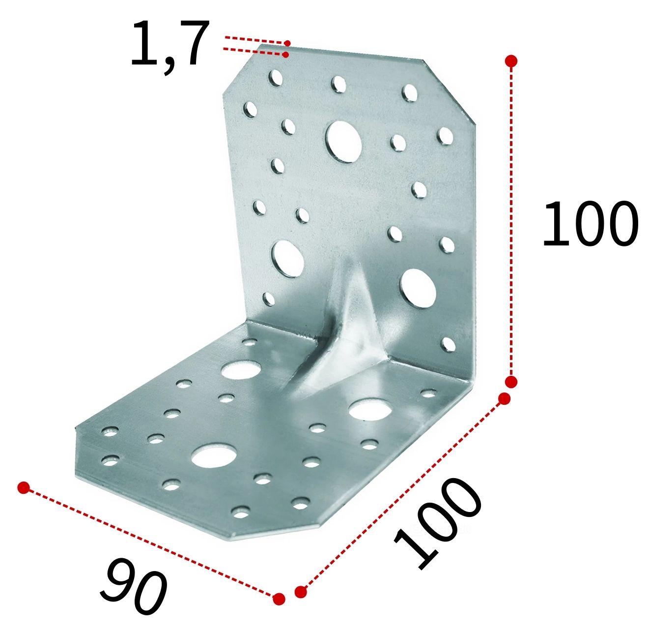 Уголок крепежный усиленный 100х90х1,7 мм KUU, оцинкованная сталь - фото