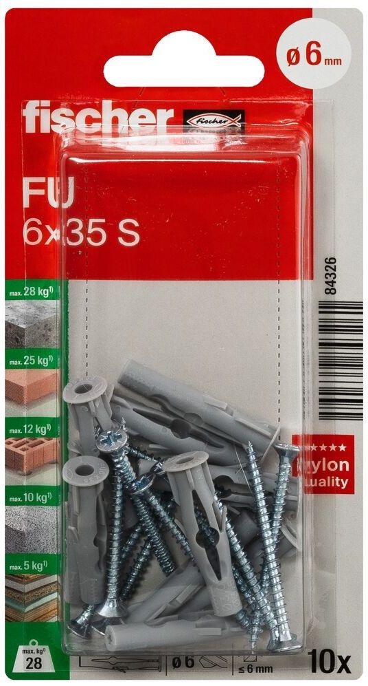 Универсальный дюбель с шурупом FU 6x35 S Fischer 084326, нейлон, 10 шт в блистере - фото