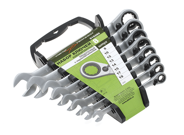 Набор комбинированных трещоточных гаечных ключей с переключателем Дело Техники 8-19 мм (холдер) 515280 - фото