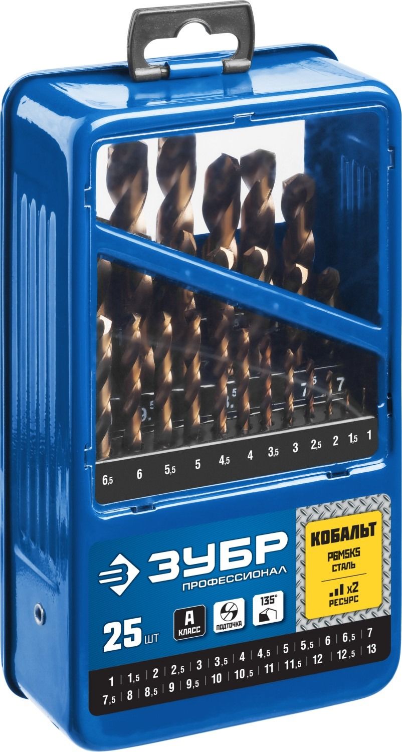 Набор сверл по металлу 1-13 мм Кобальт, класс А, ЗУБР 29626-H25, сталь Р6М5К5, 25 штук в металлическом боксе - фото