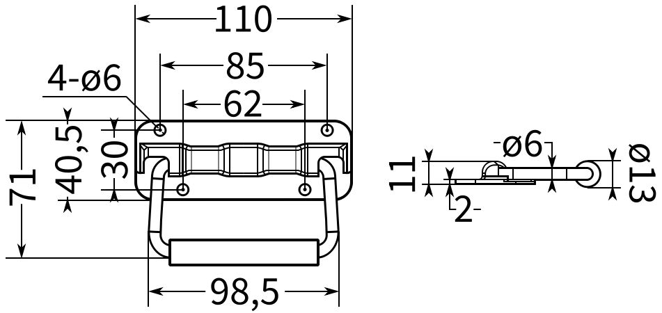 Откидная ручка для ящика 110 мм, M19, цинк - фото